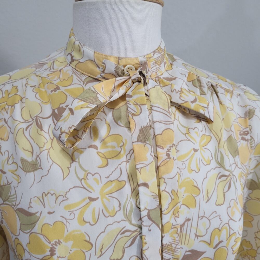 ACT III Vintage Blouse Women's Size Medium Butter Yellow Floral Bow Neckline - Picture 7 of 16